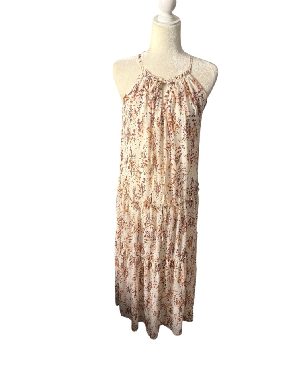 DREW keyhole tiered flowy Cream Maxi Dress with Rust Floral Print Bohemian SZ Sm